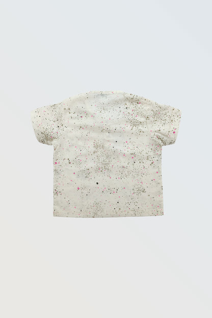 Back view of white paint dots cotton shirt for kids showing colorful dot print