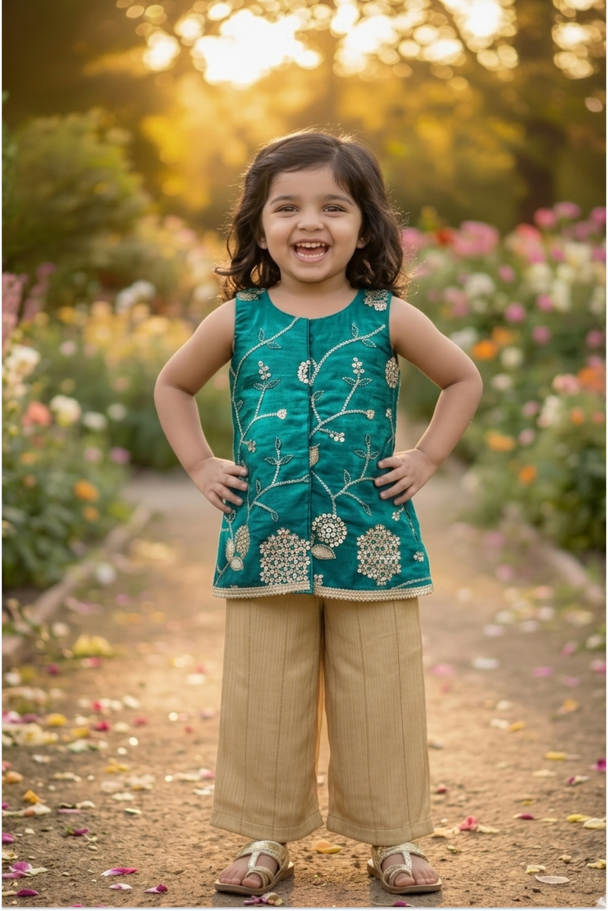 Girl wearing peacock green palazzo set with sequin space silk top - festival outfit