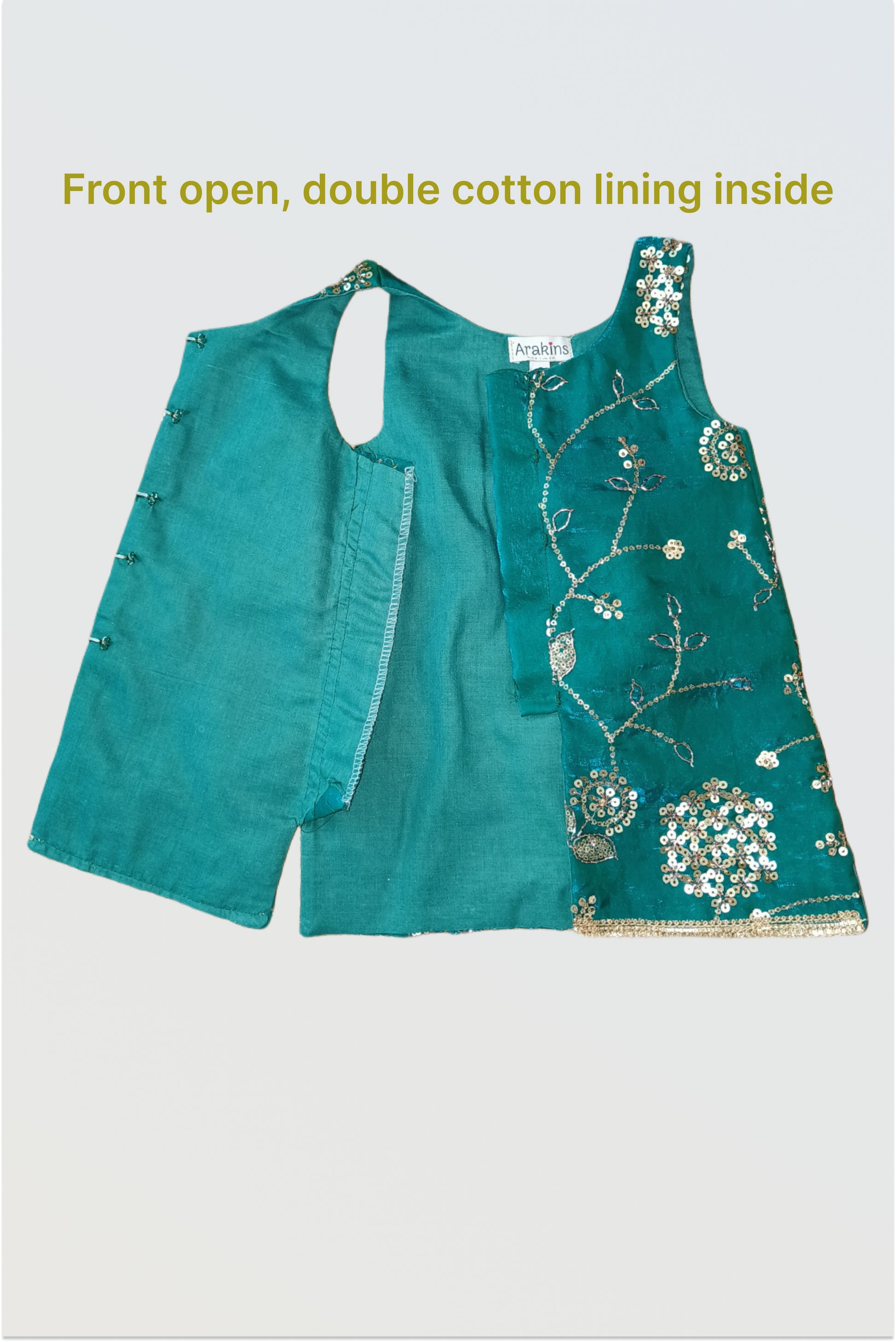 Front view of peacock green sequin embellished space silk top with hook closure