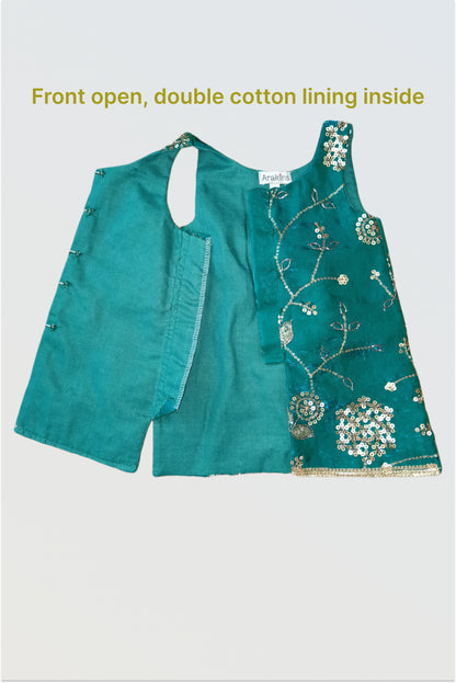 Front view of peacock green sequin embellished space silk top with hook closure