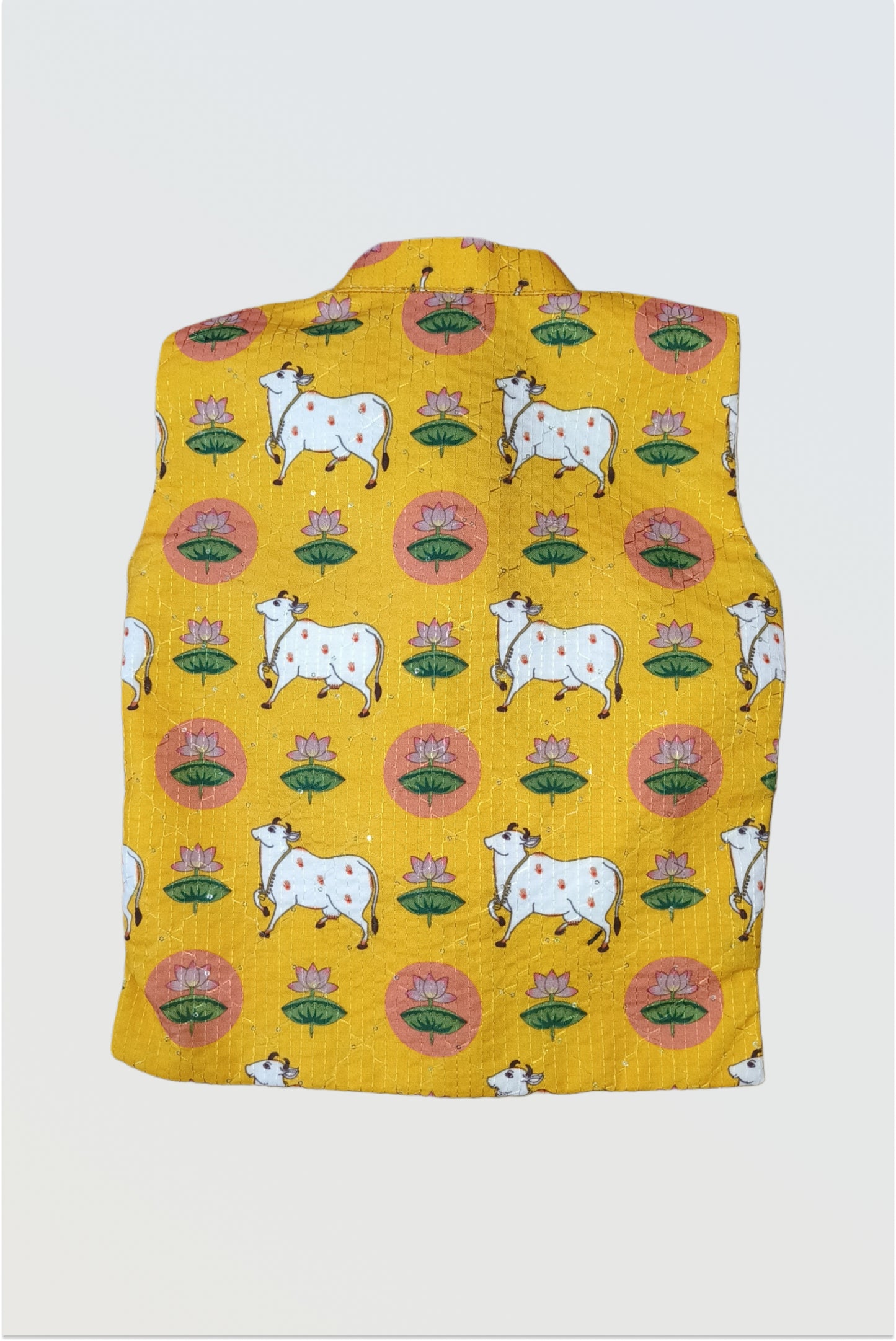 Back view of pichwai print ethnic jacket showing kantha work detail and traditional motifs