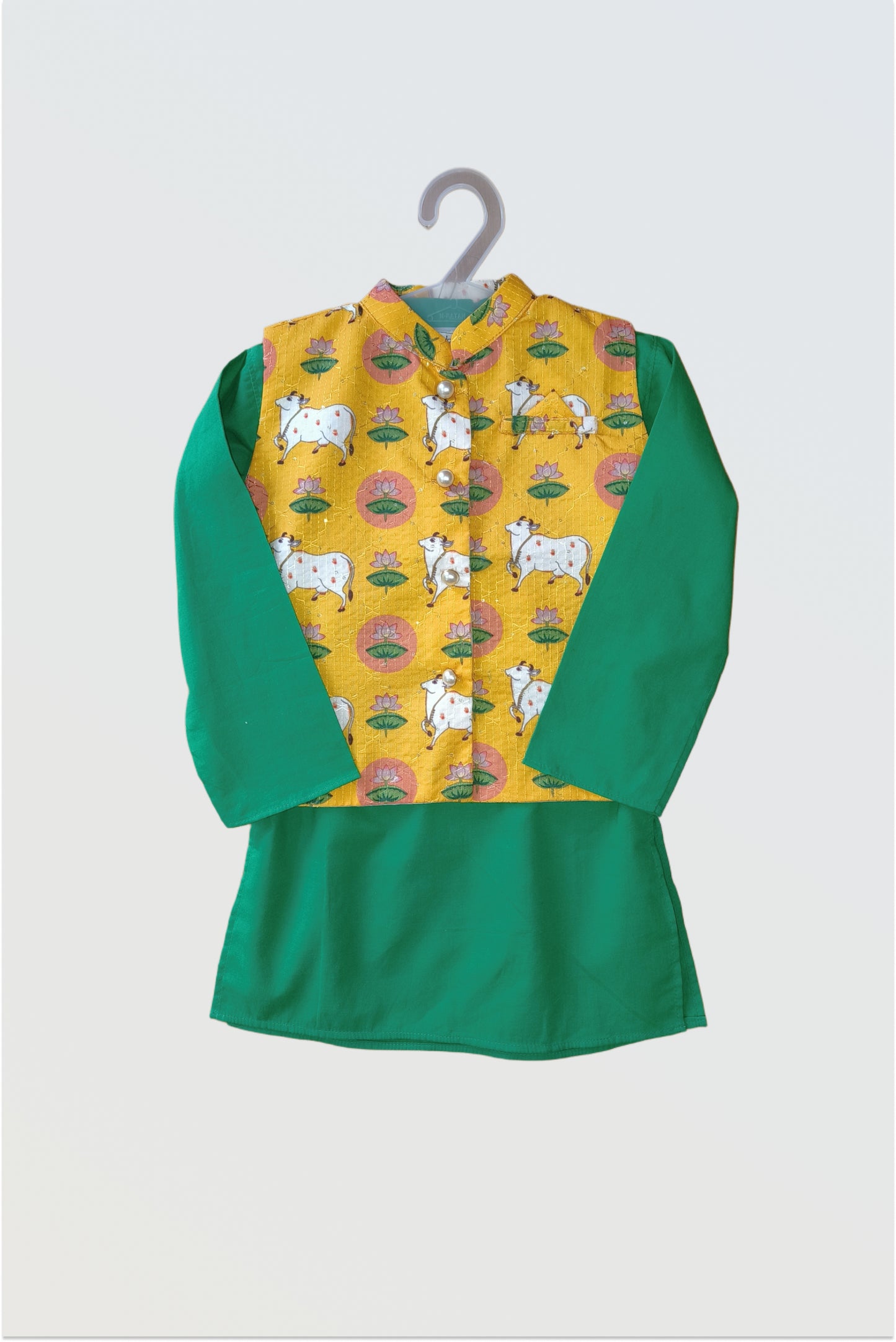 Pichwai printed 3-piece ethnic jacket set for boys flat lay showing yellow jacket, green kurta, white pyjamas