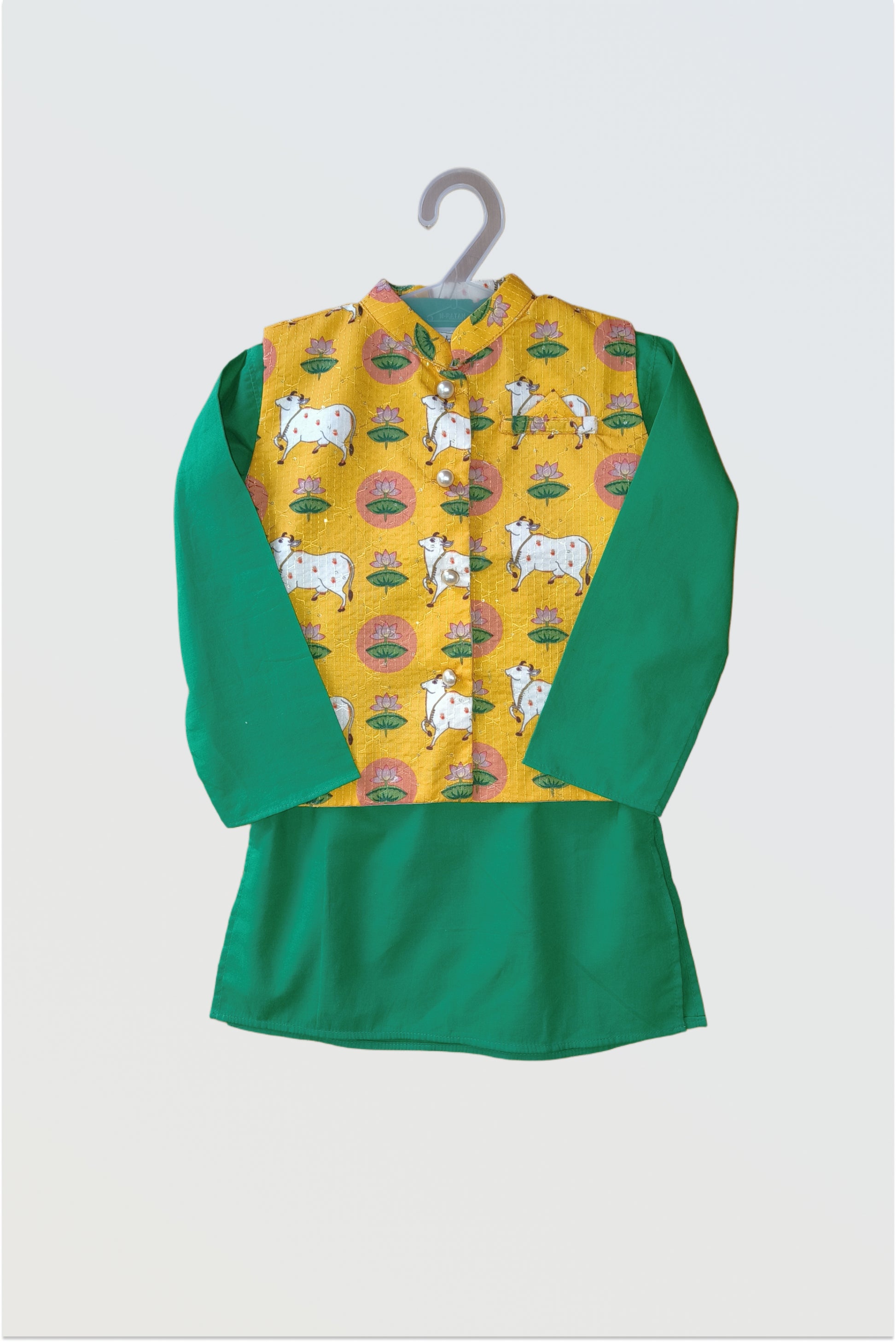 Pichwai printed 3-piece ethnic jacket set for boys flat lay showing yellow jacket, green kurta, white pyjamas
