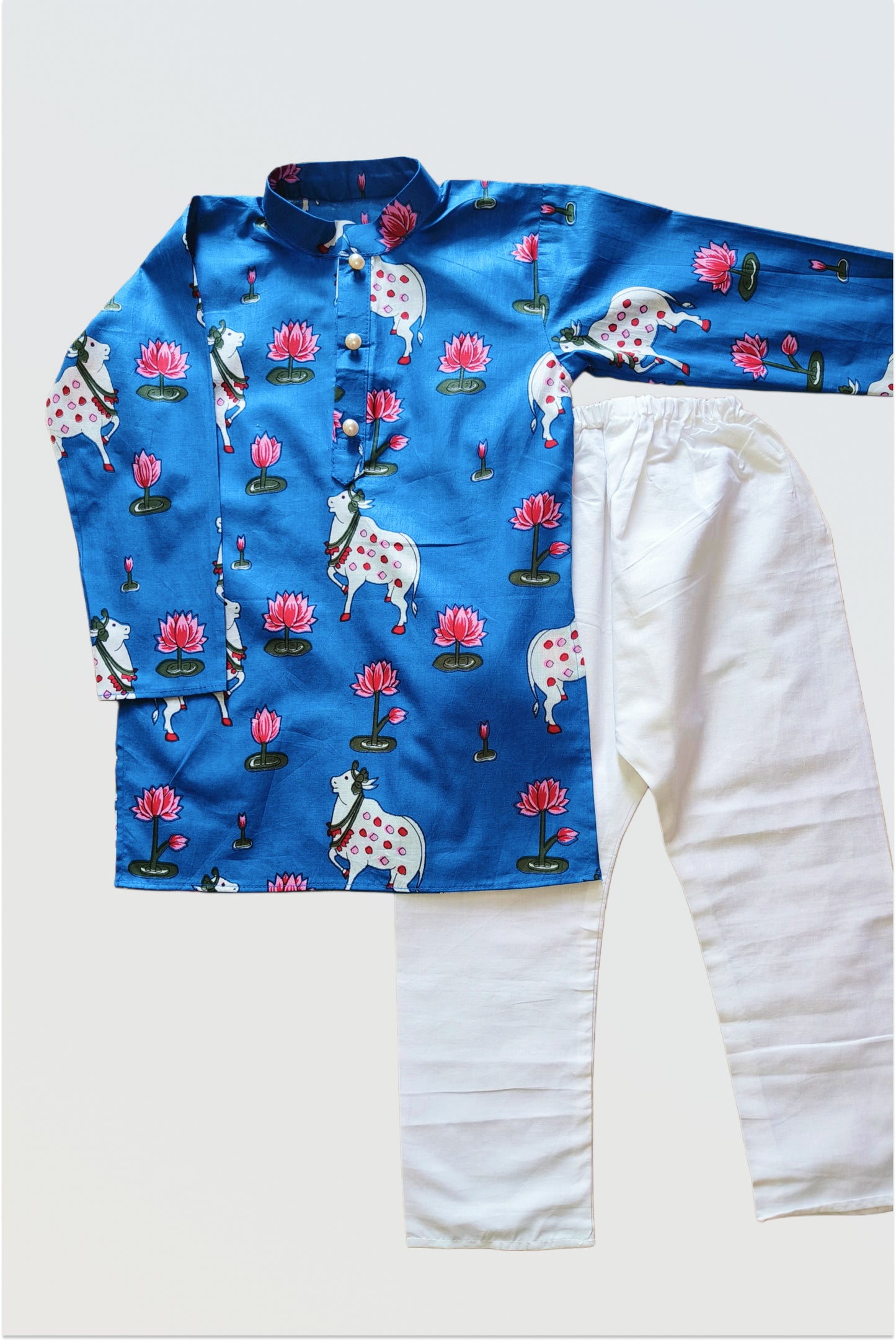 Pichwai printed design detail showing traditional Rajasthani motifs on blue kurta