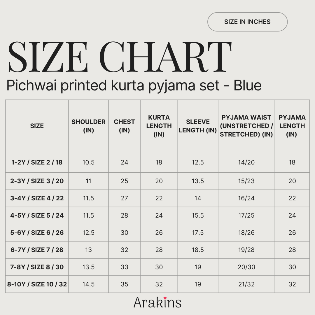 Size chart for pichwai printed kurta pyjama showing measurements for sizes 1-2Y through 8-10Y