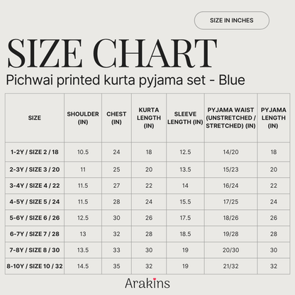 Size chart for pichwai printed kurta pyjama showing measurements for sizes 1-2Y through 8-10Y