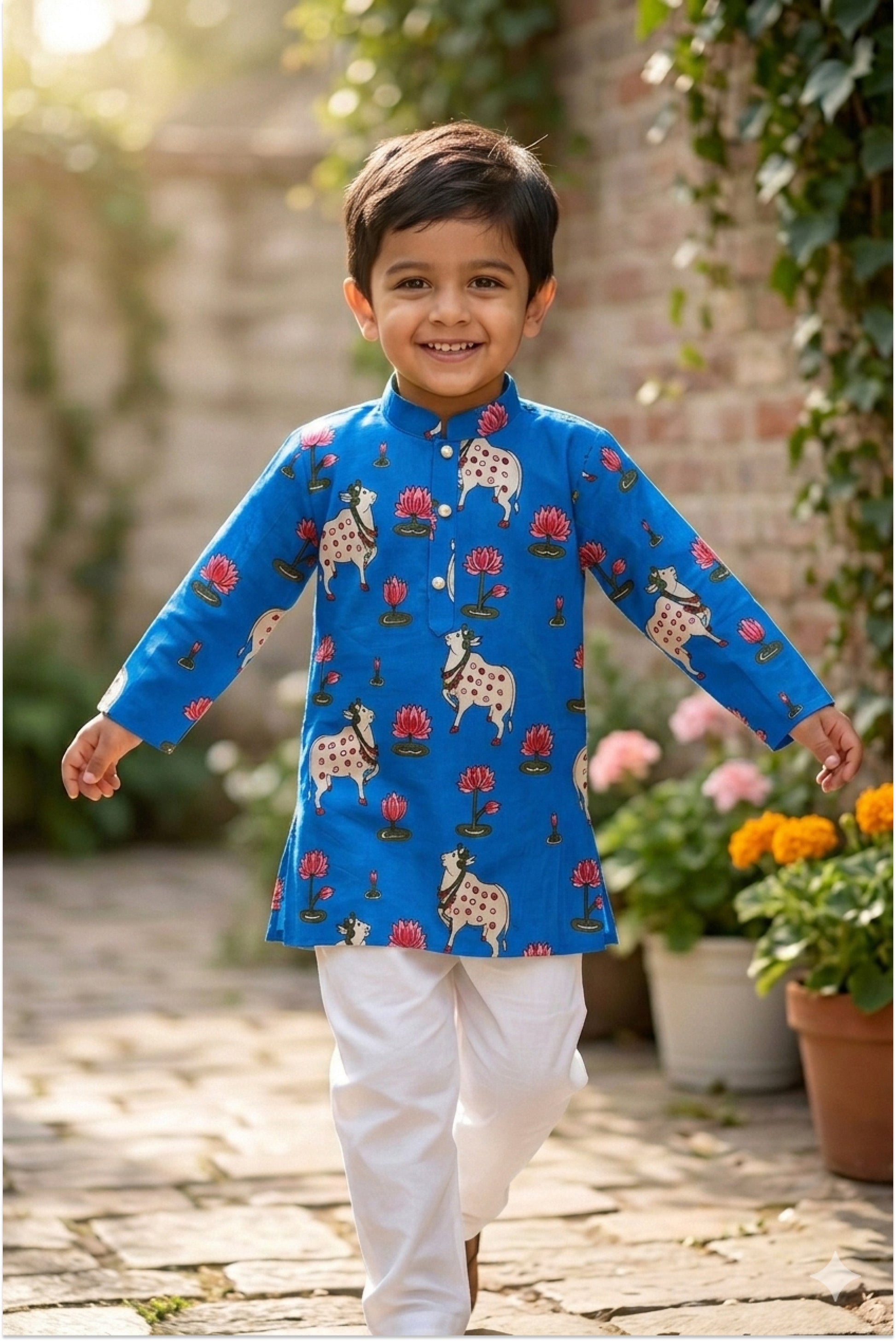 Pichwai printed kurta pyjama set for boys - blue pure cotton with traditional Rajasthani art design