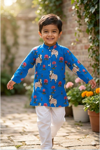 Pichwai printed kurta pyjama set for boys - blue pure cotton with traditional Rajasthani art design