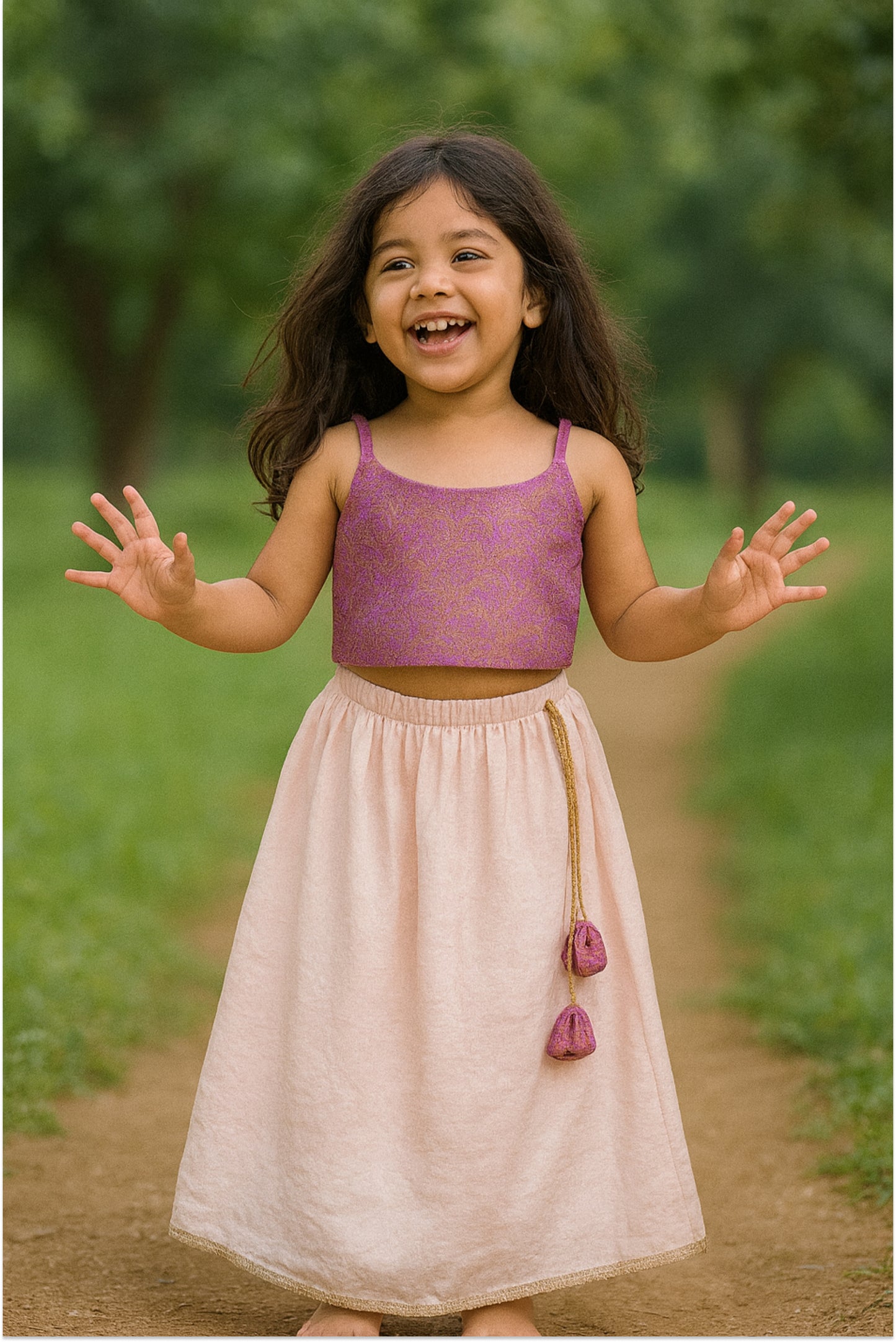 Girl wearing pink brocade lehanga set with lilac choli and blush pink skirt - pastel ethnic wear