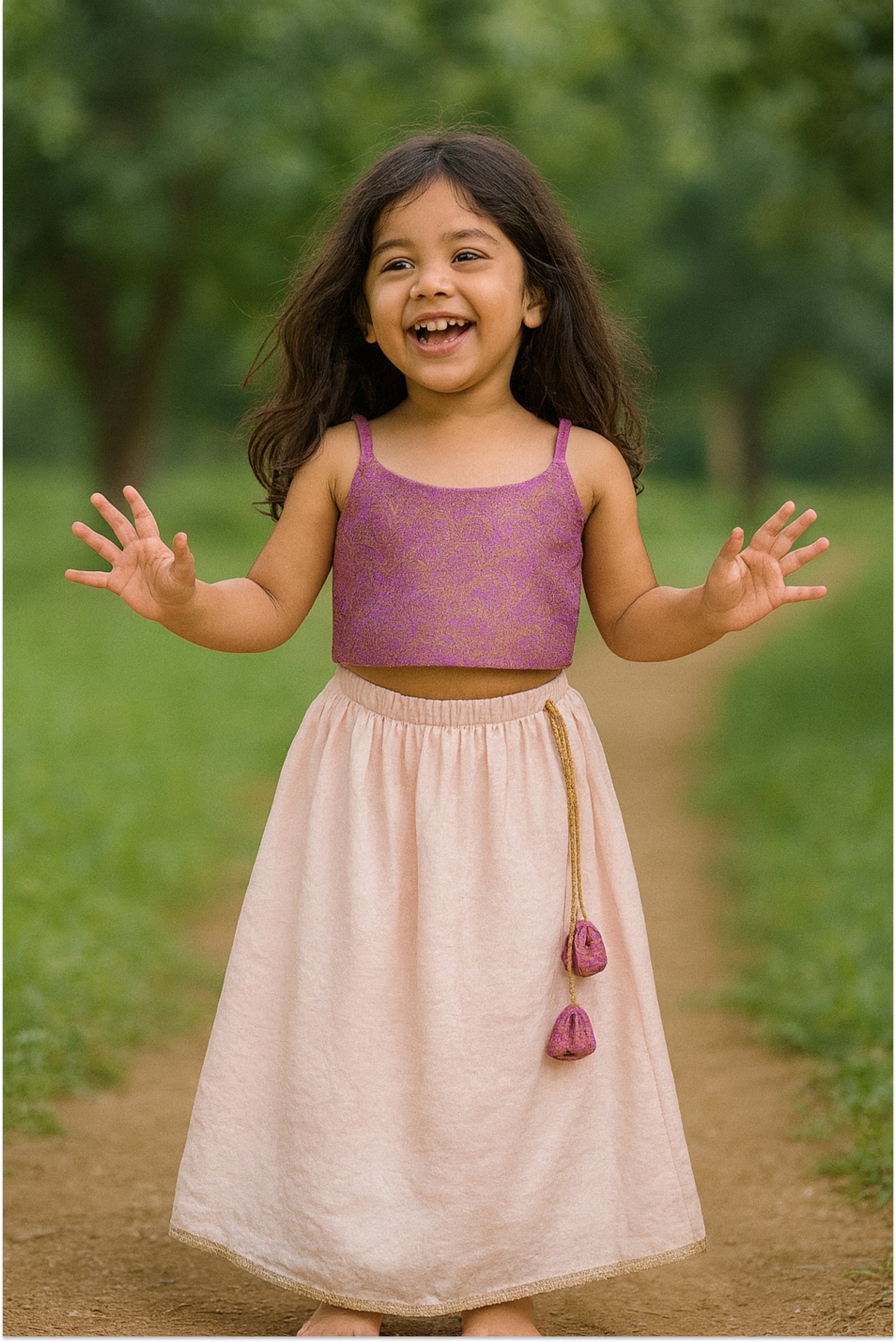 Girl wearing pink brocade lehanga set with lilac choli and blush pink skirt - pastel ethnic wear