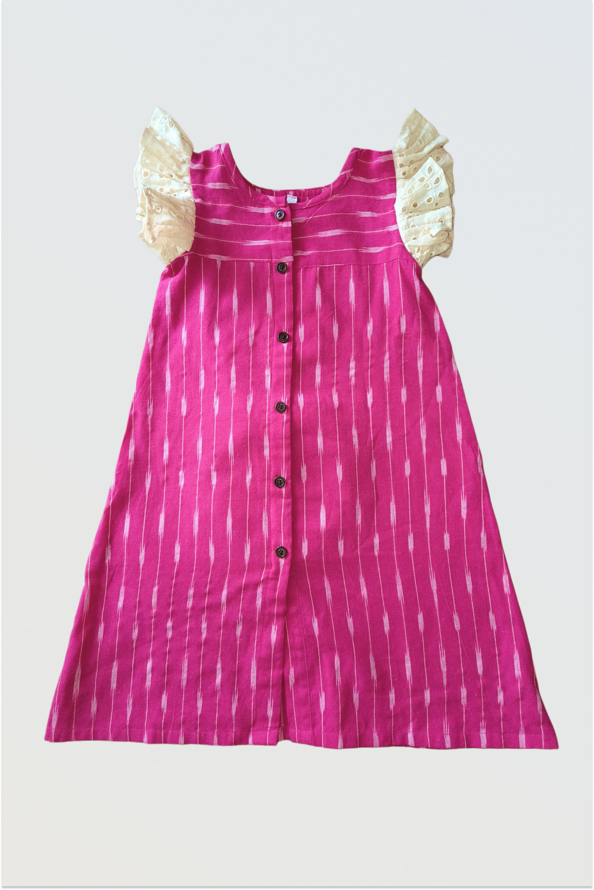 Pink ikat cotton dress with ruffle sleeve details