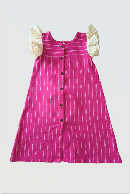 Pink ikat cotton dress with ruffle sleeve details