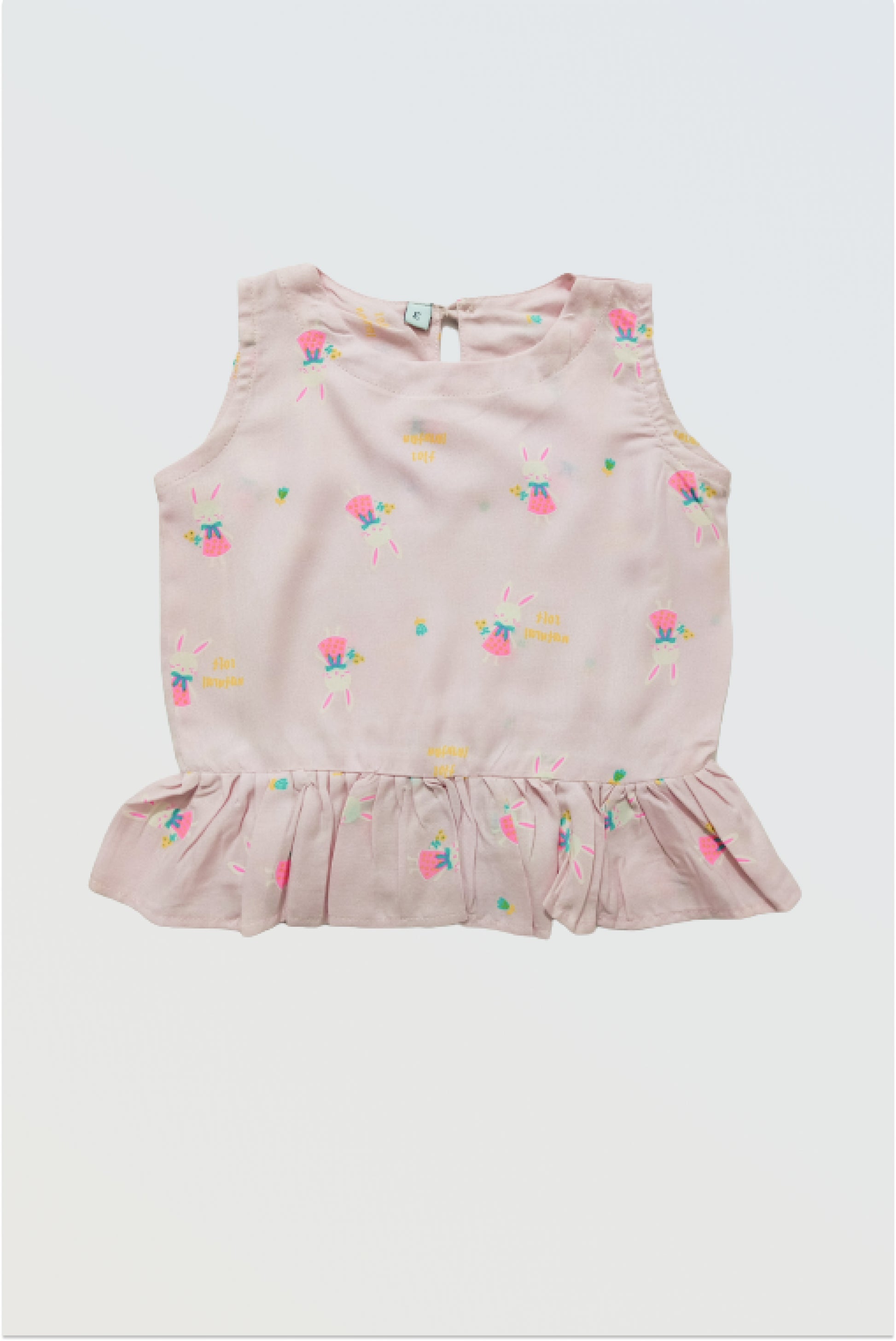 Pink ruffle top front view showing feminine ruffle detail and button back closure