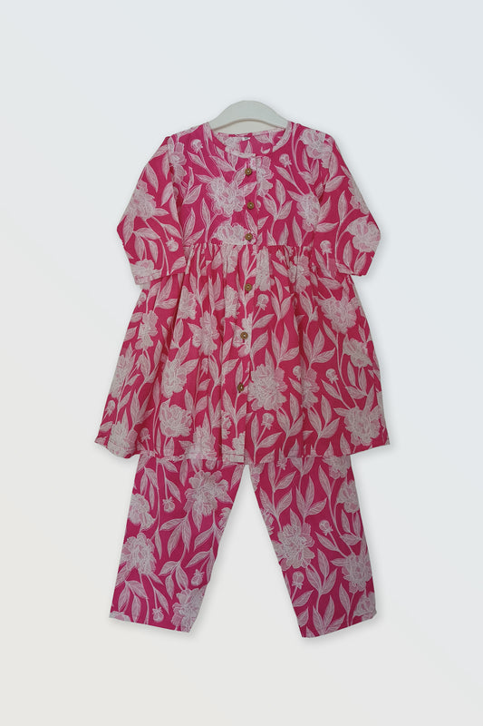 Pink block printed ethnic co-ord set