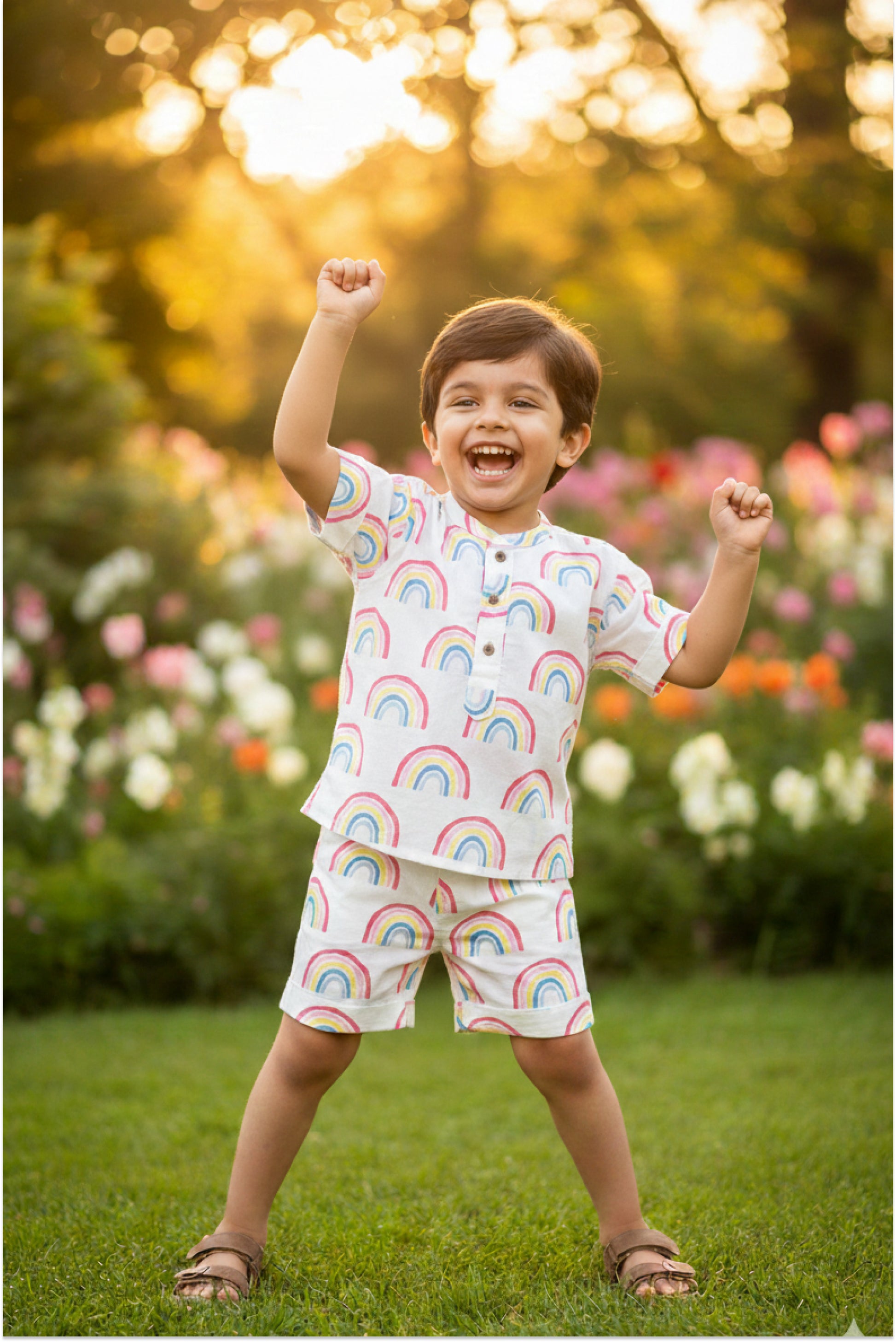 Unisex rainbow pattern co-ord set for kids - button front shirt and matching shorts