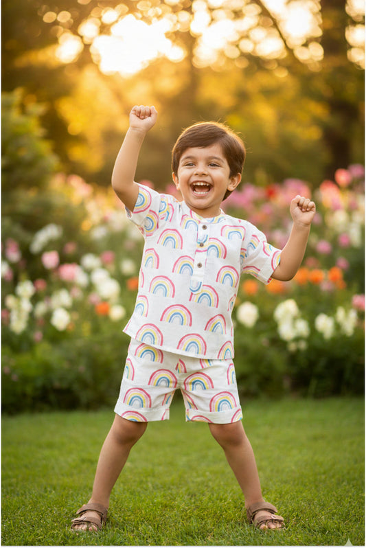Unisex rainbow pattern co-ord set for kids - button front shirt and matching shorts