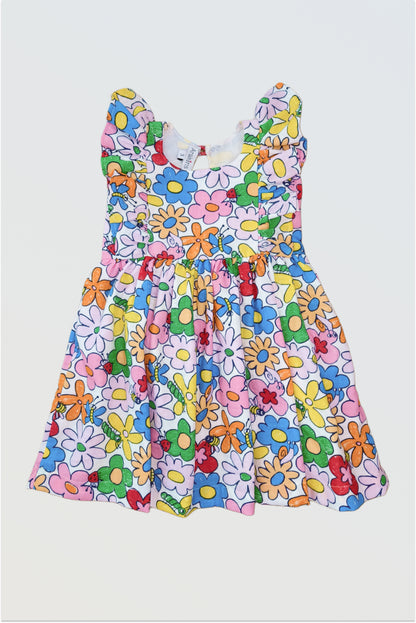 Rainbow petals cotton dress for girls with cream base and pink yellow brown peach flowers botanical print flutter sleeves