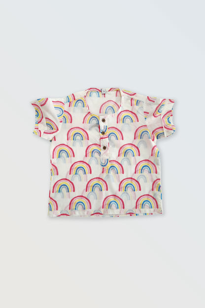 Rainbow striped cotton shirt for kids with button front closure - unisex design