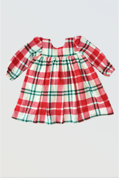 Girls red and green checkered long sleeve Christmas winter dress with embroidered collar, warm holiday dress