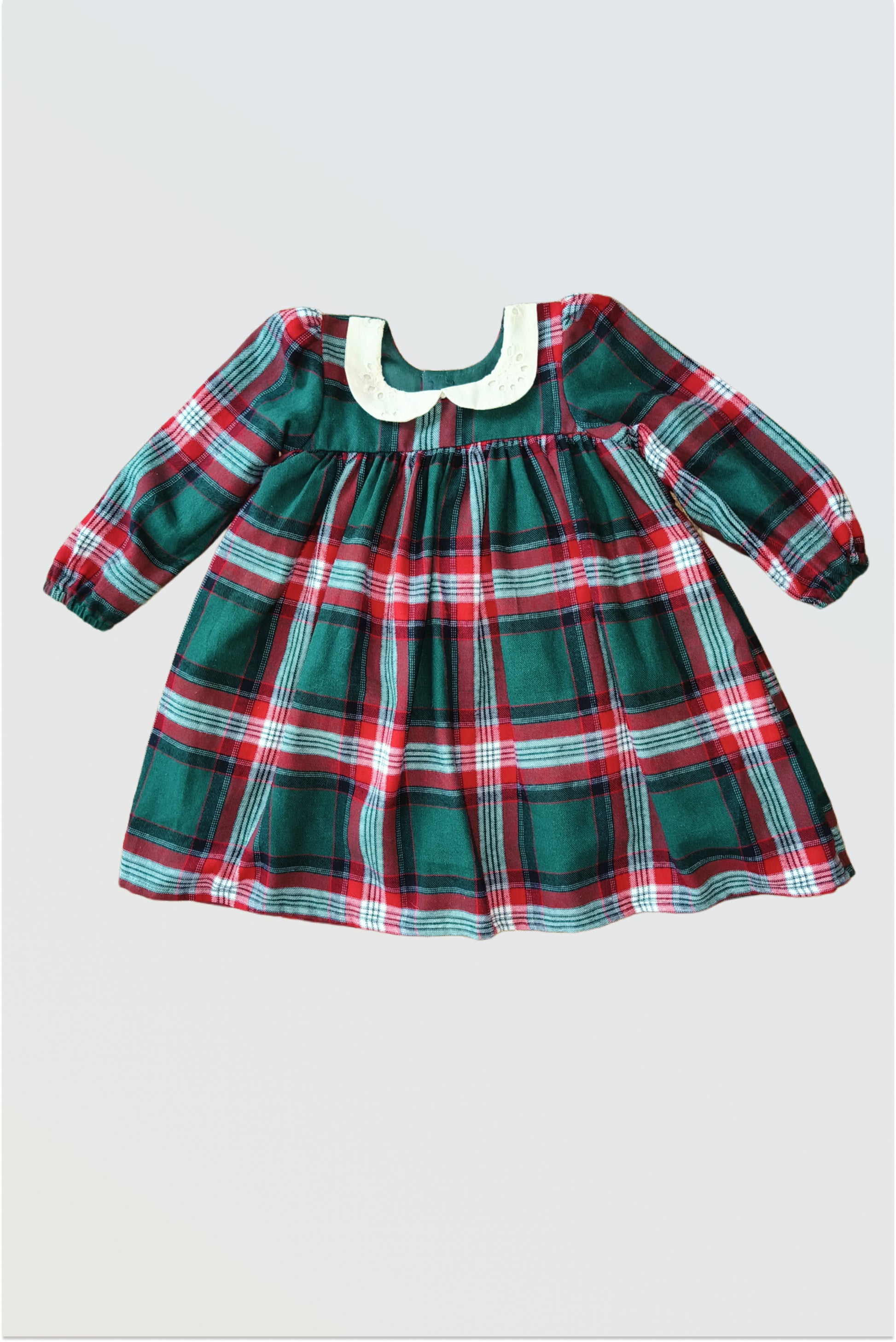 Red green checkered Christmas winter dress for girls with embroidered peter pan collar and long sleeves