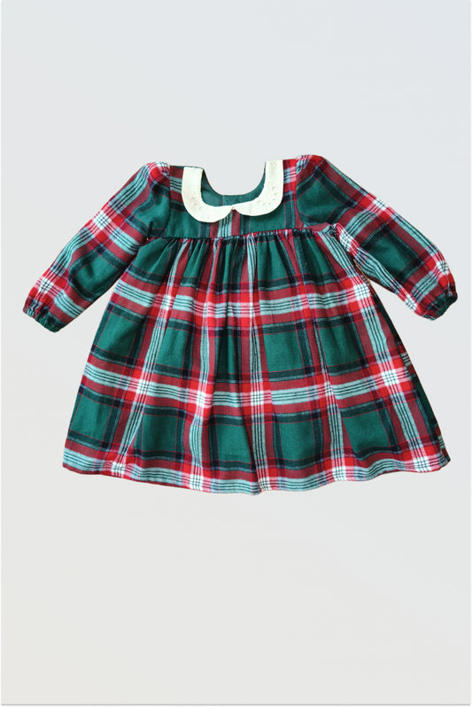 Red green checkered Christmas winter dress for girls with embroidered peter pan collar and long sleeves
