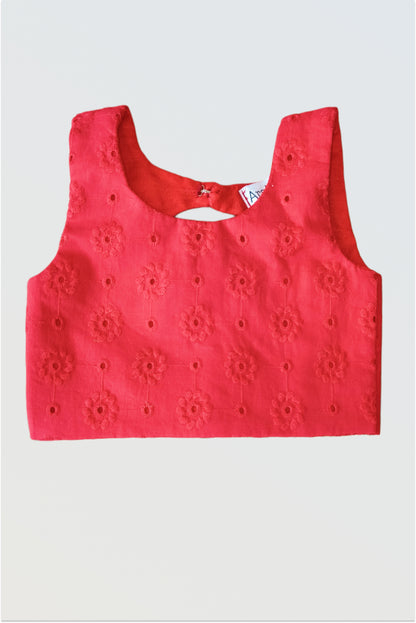 Red premium hakoba cotton choli front view showing textured weave pattern