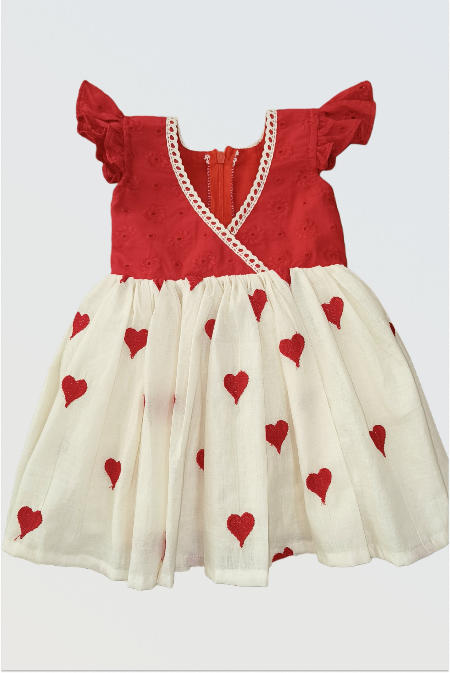 Red hearts cotton dress for girls front view party wear