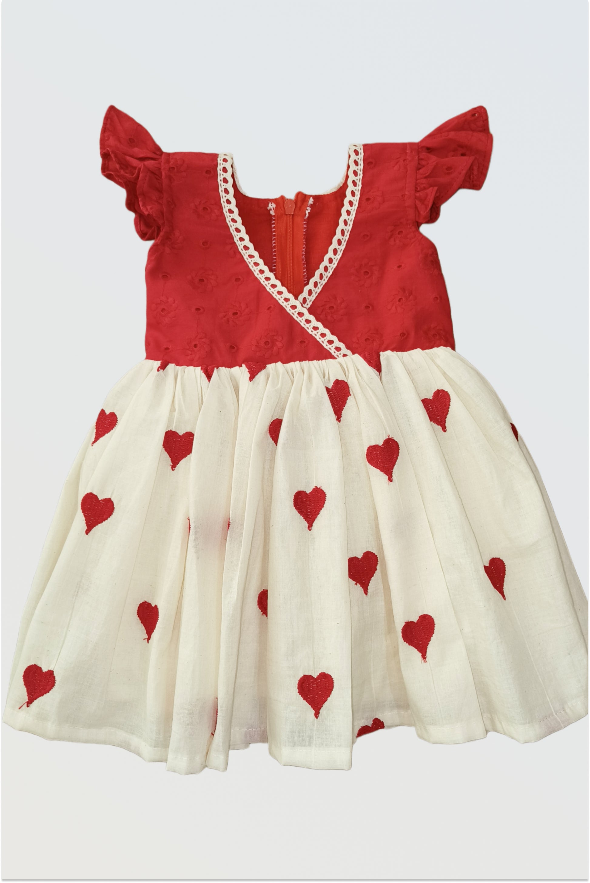 Red hearts cotton dress for girls front view party wear