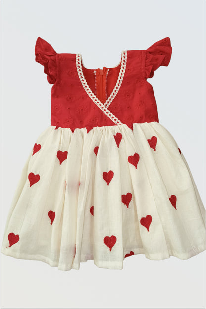 Red hearts cotton dress for girls front view party wear