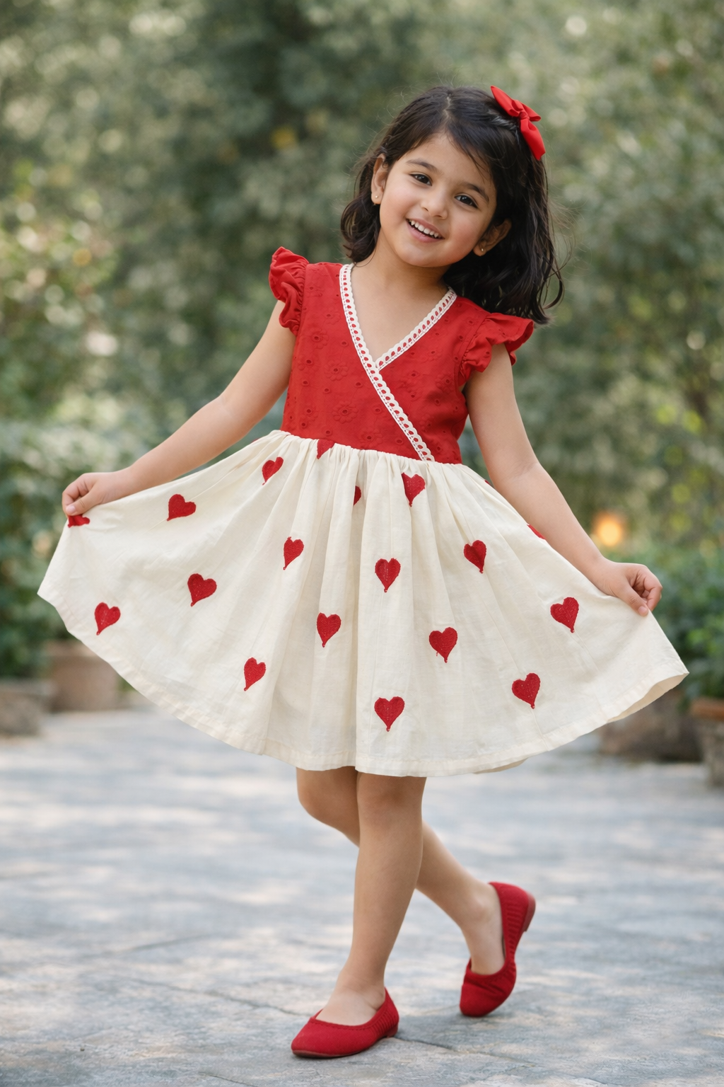Girl twirling in red hearts cotton party dress outdoors - Arakins kids wear