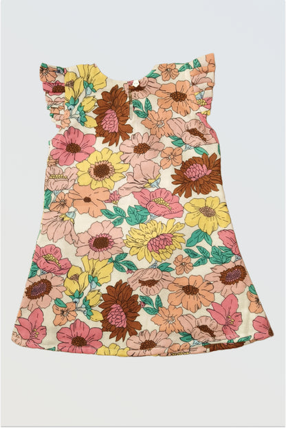 Summer Bloom vintage floral dress for girls with cream base and pink yellow brown botanical print with flutter sleeves
