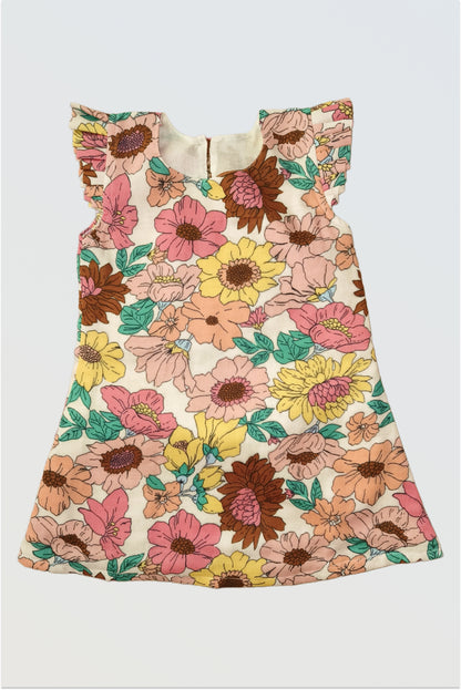 Summer Bloom vintage floral dress for girls with cream base and pink yellow brown botanical print with flutter sleeves