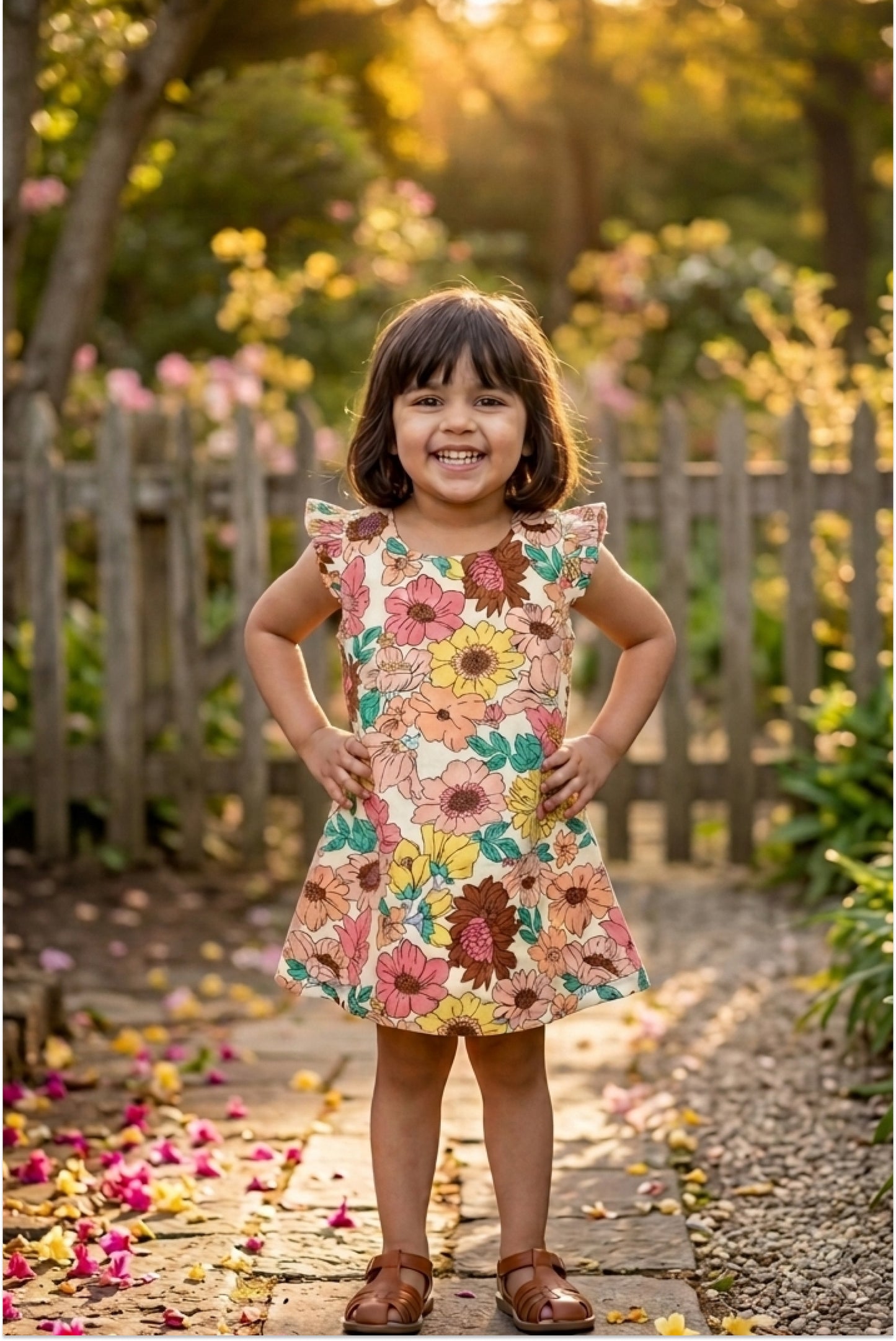 Summer Bloom vintage floral dress for girls with cream base and pink yellow brown botanical print with flutter sleeves