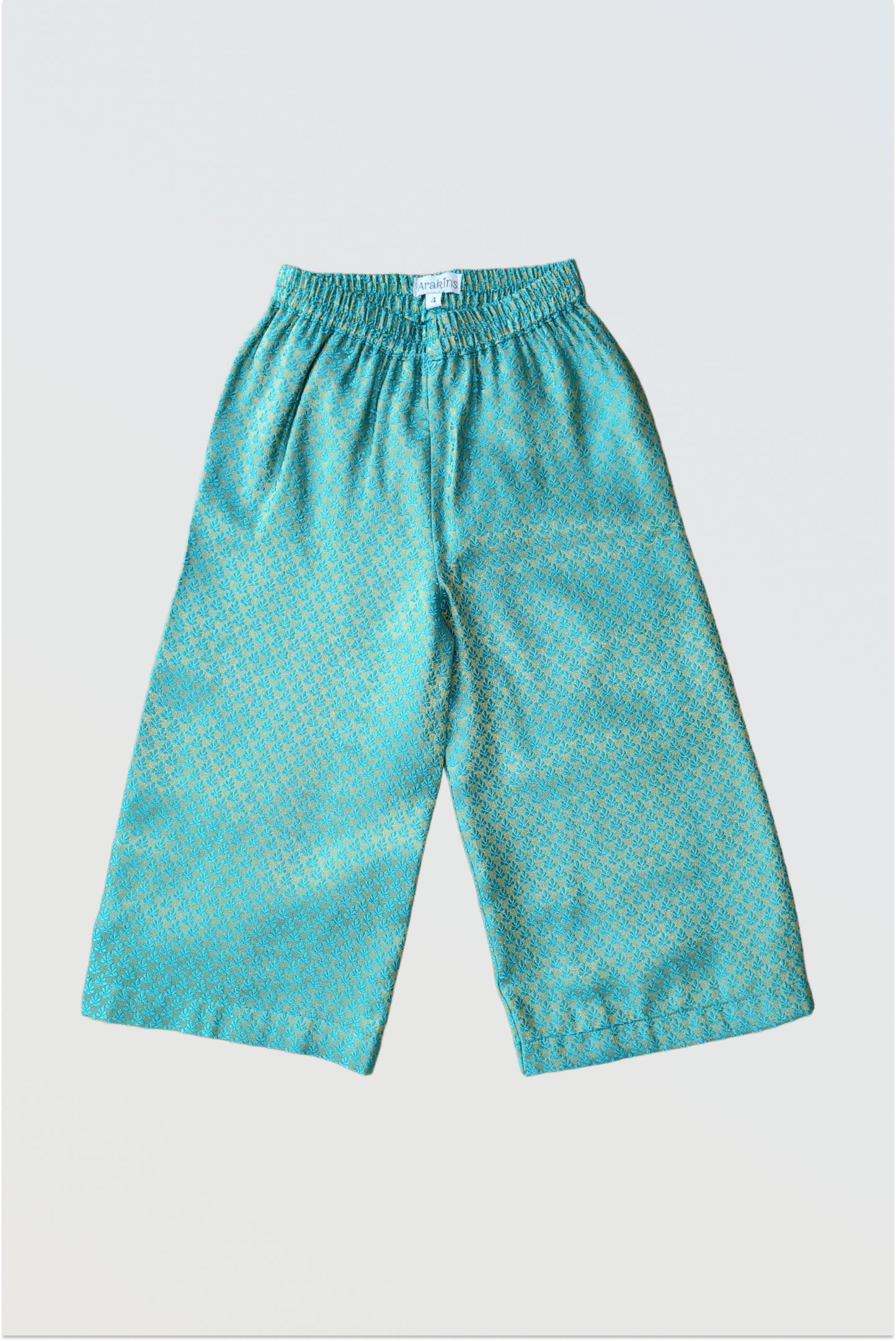 Kids girls ethnic palazzo set with kasavu strappy top and teal brocade wide pants, comfortable festive outfit by Arakins