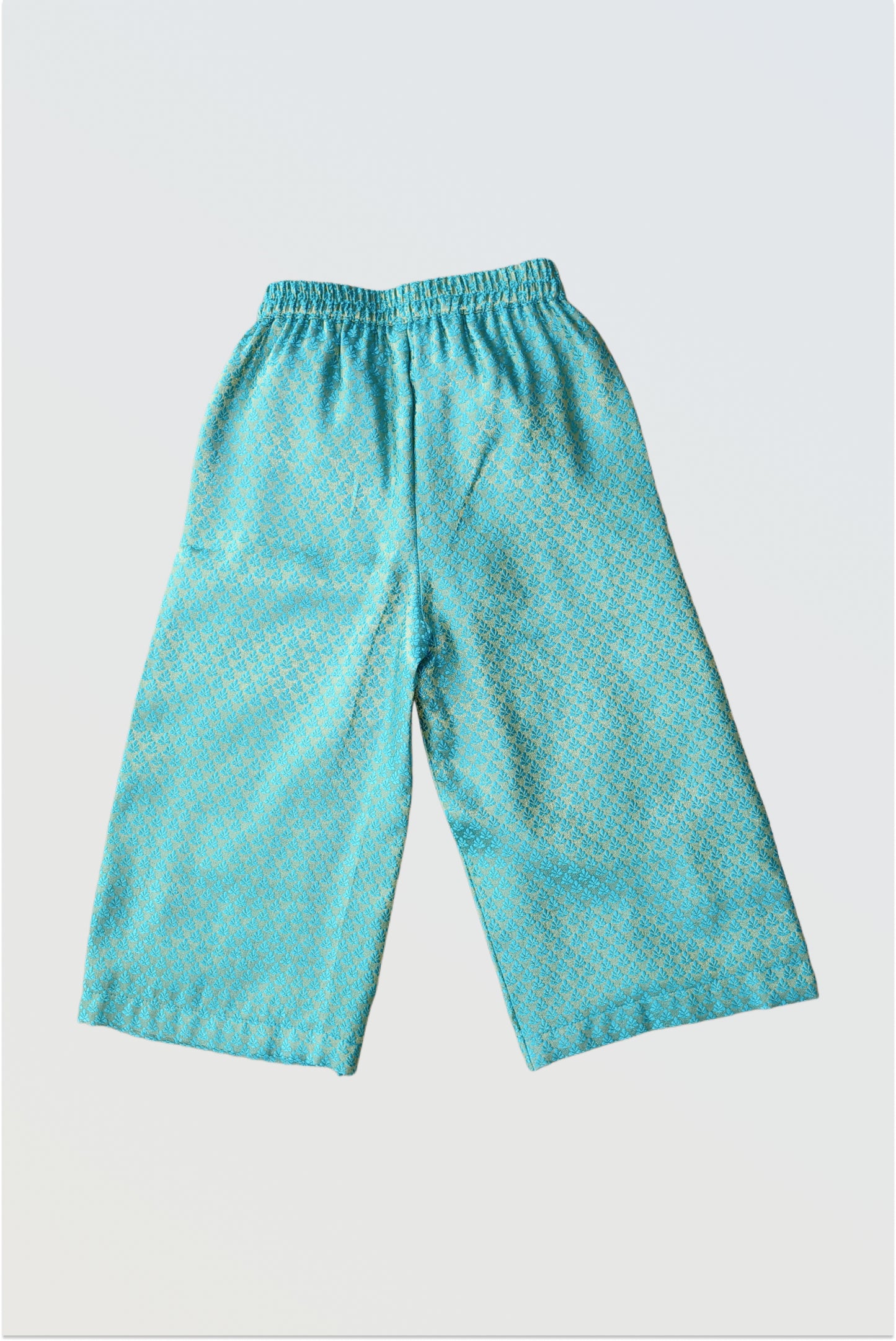 Kids girls ethnic palazzo set with kasavu strappy top and teal brocade wide pants, comfortable festive outfit by Arakins
