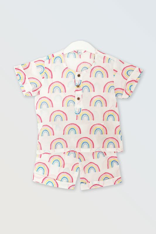 Unisex rainbow striped co-ord set for kids showing cotton shirt and shorts flat lay