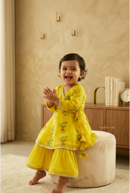 Toddler wearing yellow embroidered mul chanderi sharara set with floral hand embroidery - Ugadi Gudi Padwa outfit