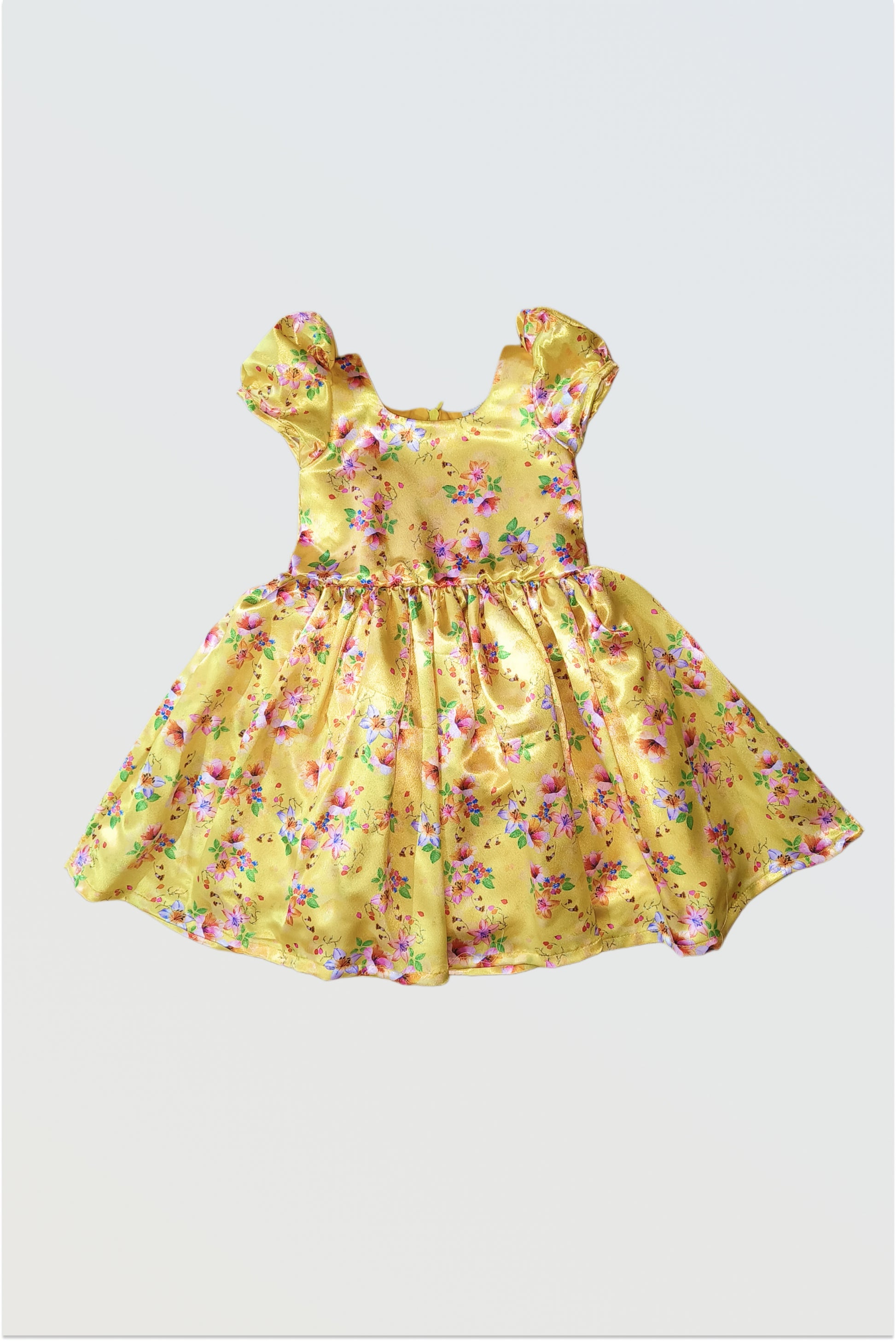 Yellow floral satin party dress for girls with full flare - luxury wedding birthday dress