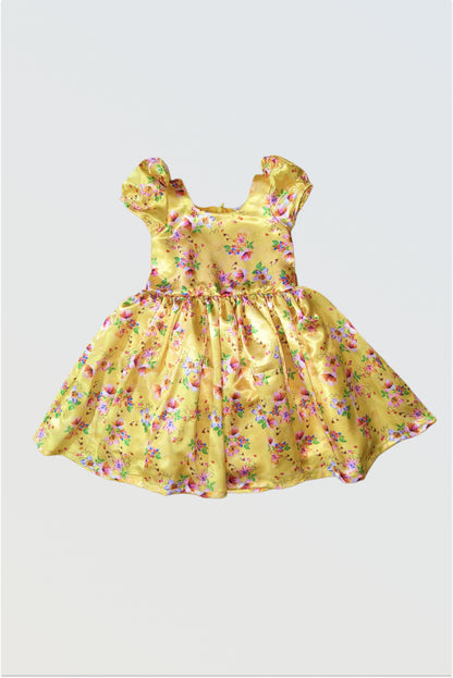 Yellow floral satin party dress for girls with full flare - luxury wedding birthday dress