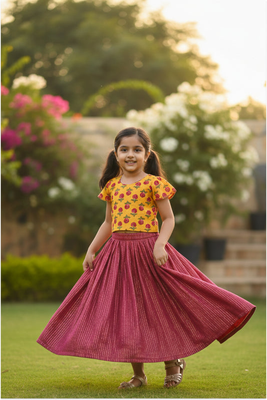 Yellow and maroon lehanga set for girls, summer festivals, Indian festivals kids ethnic wear