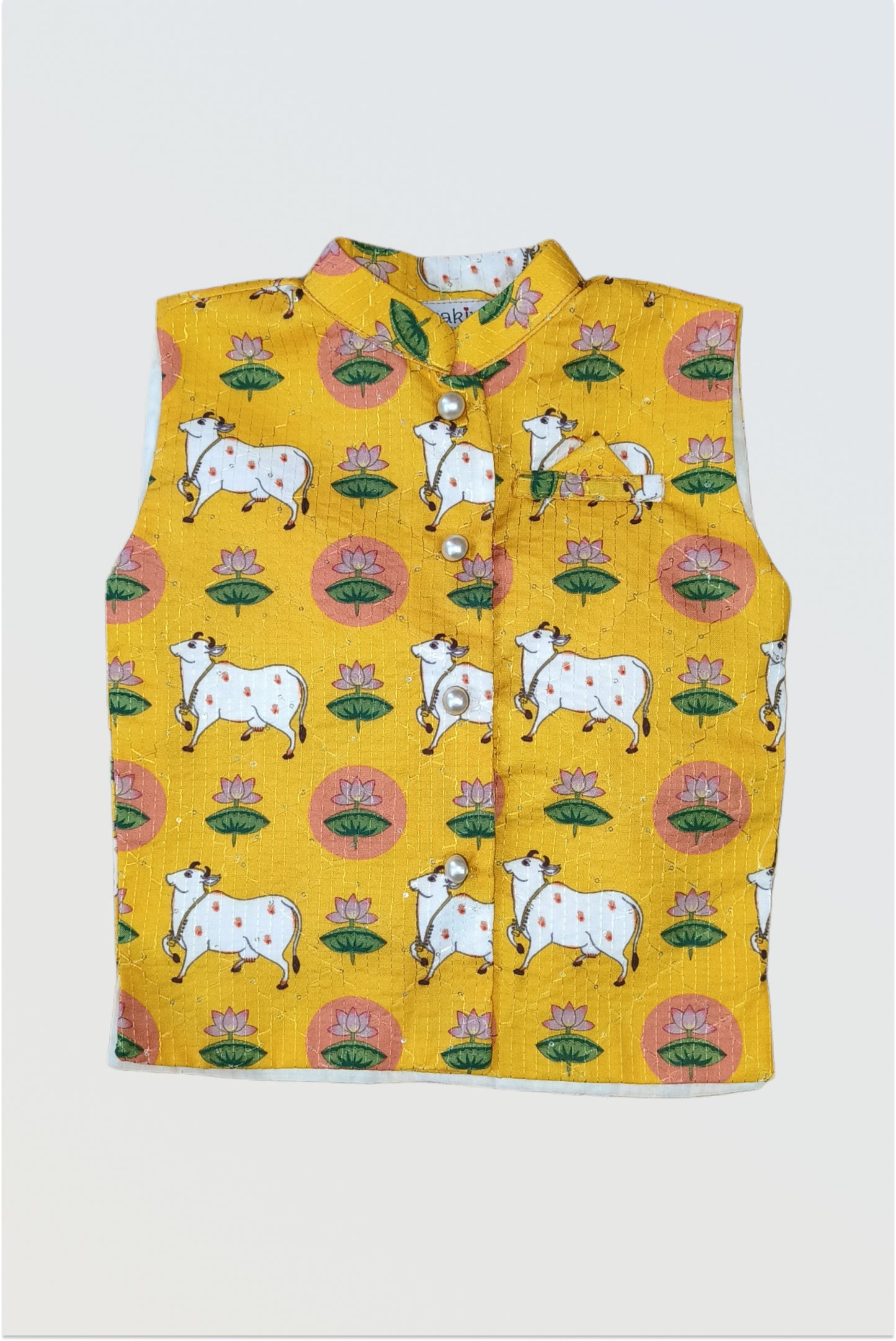 Yellow pichwai print jacket front view with kantha embroidery and sequin work for boys