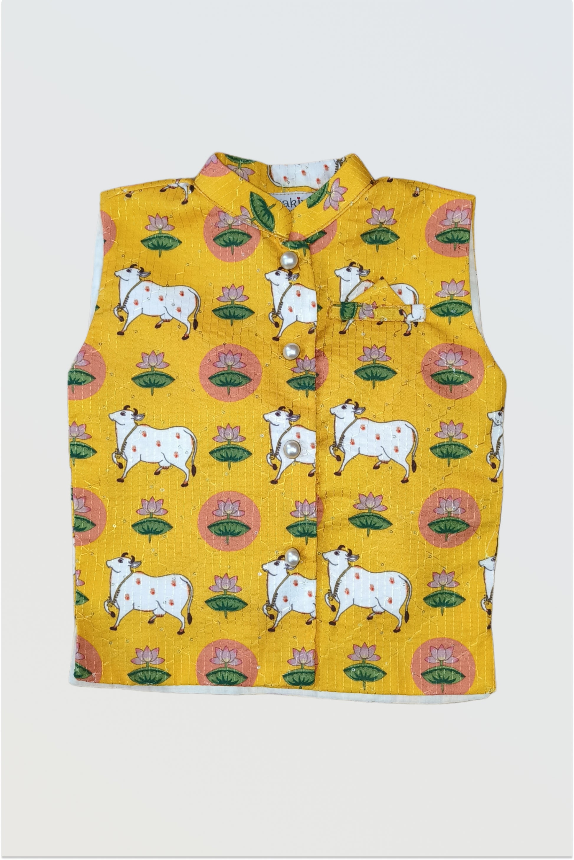 Yellow pichwai print jacket front view with kantha embroidery and sequin work for boys