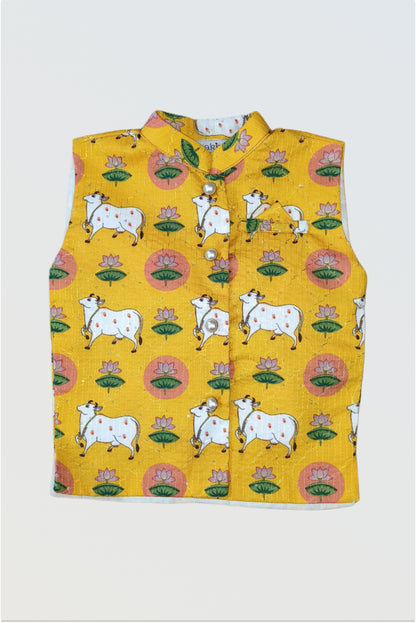 Yellow pichwai print jacket front view with kantha embroidery and sequin work for boys