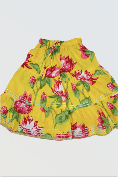 Yellow floral sharara bottoms with elastic waist and tie-up strings - flared pants