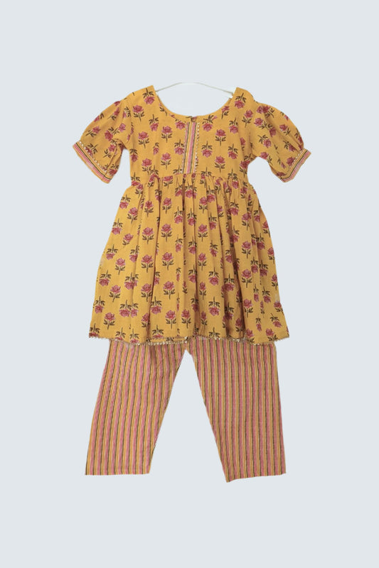 Yellow block printed ethnic co-ord set